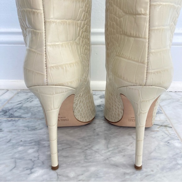 PARIS TEXAS Embossed Croco Bone China Cream Tall Stiletto Boots - Picture 7 of 16